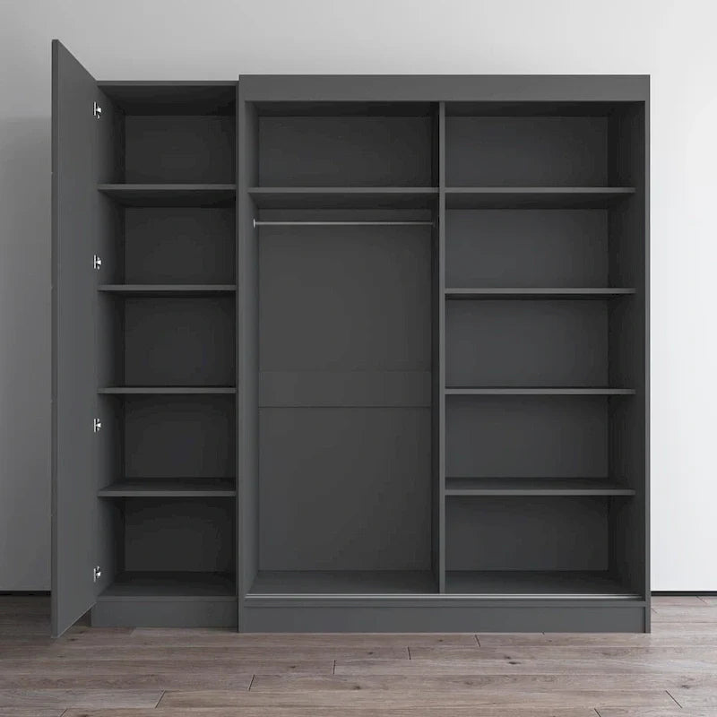 Armoire à 2 portes avec miroir et façade en verre, pour 2 personnes (gris / noir / blanc)
