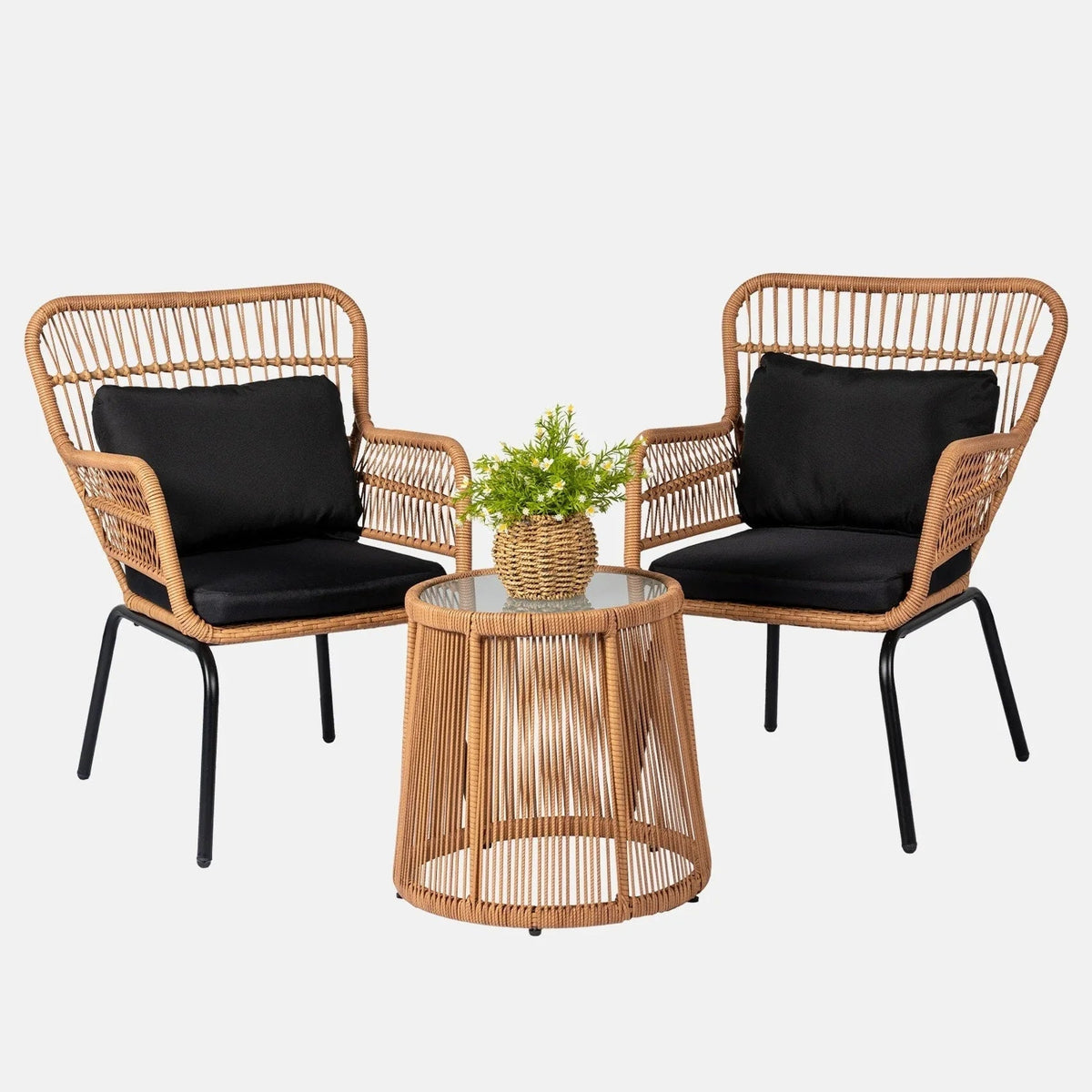 3-teiliges Outdoor-Bistroset aus Korbgeflecht, wetterfeste Rattan-Gartenmöbel mit Stühlen und Kissen