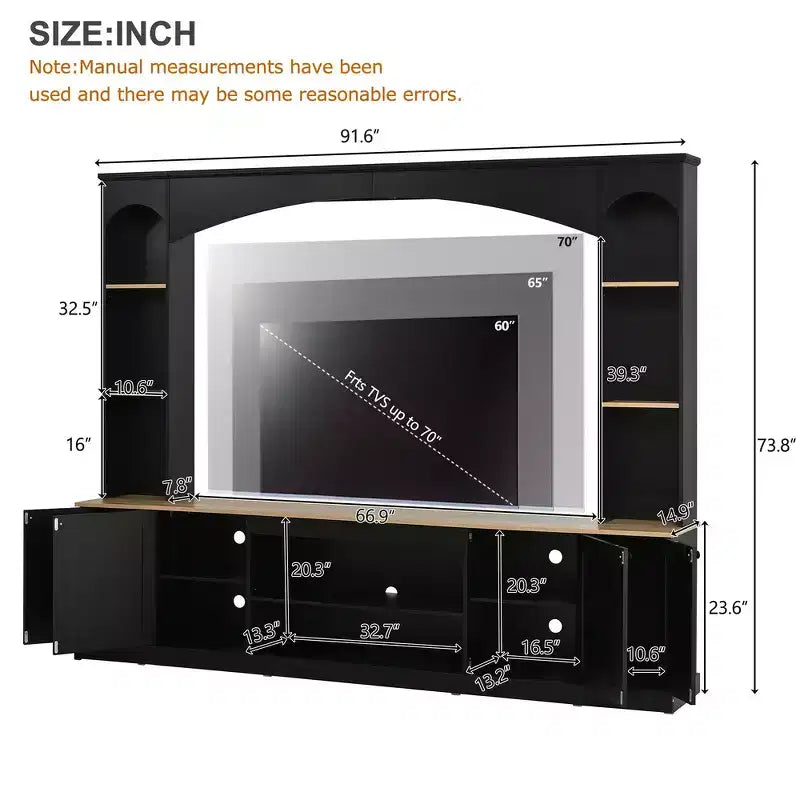 Whisen 91 Medienkonsole, geschwungene Entertainment-Center-Wandeinheit, TV-Schrank im Landhausstil mit Bücherregal in Holzoptik für Fernseher bis zu 70