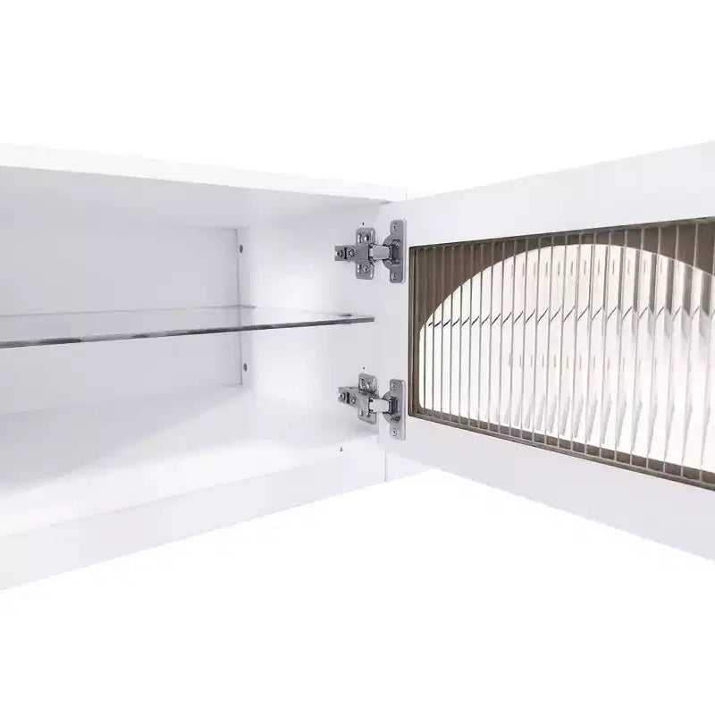 Tv-meubel voor een tv van 95 inch, extra lange mediaconsole met 2 deuren en 4 laden, grote tv-opbergkast en entertainmentcentrum met geribbelde glazen deuren