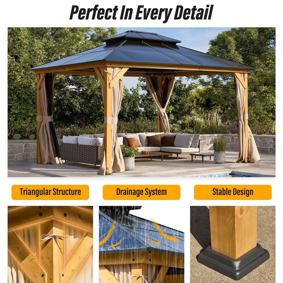 EROMMY hardtop-paviljoen, pergola voor buiten met dubbel dak, netten en gordijnen, extra stevig zonnescherm voor terras, achtertuin en zwembadfeest
