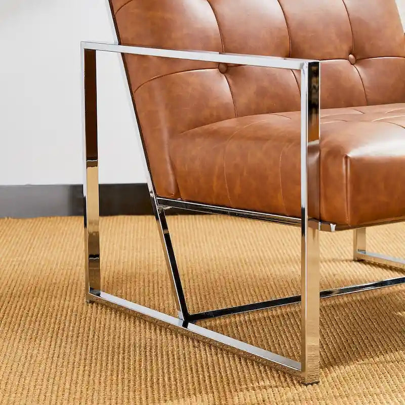 Fauteuil d’appoint Glitzhome crème de style mi-siècle moderne, revêtement en cuir PU capitonné et structure chromée, hauteur de 30.50