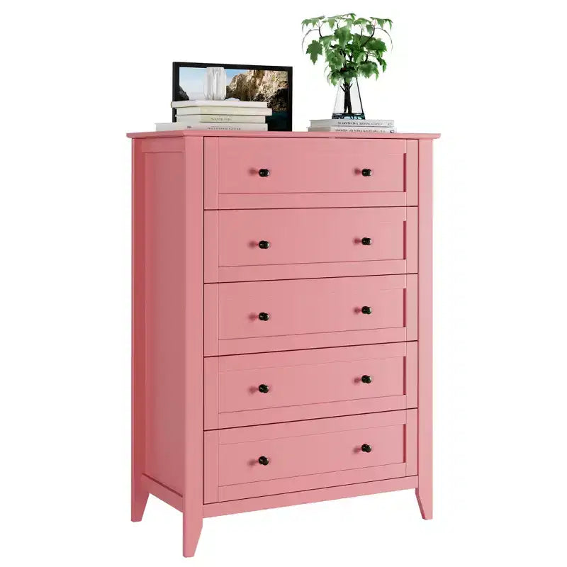 Commode de chambre à 5 tiroirs, hauteur de 42.5 pouces, armoire de rangement en bois avec tiroirs de 11.9 pouces de profondeur et poignées en métal doré, idéale pour l'entrée ou le couloir