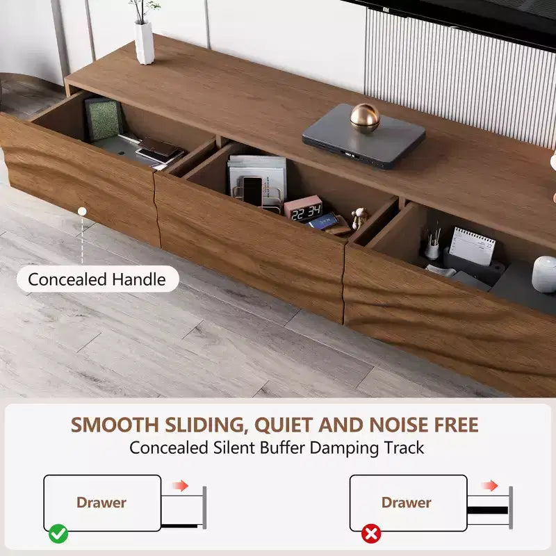 Meuble TV moderne de 82.83 pouces avec tiroirs en bois massif et aérations, meuble multimédia pour le salon