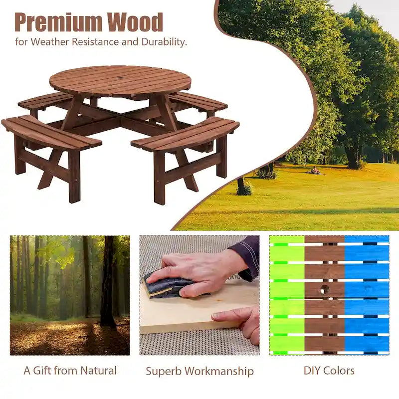 Ensemble de pique-nique rond en bois de sapin pour terrasse extérieure, pour 8 personnes, avec 4 bancs intégrés et un trou pour parasol