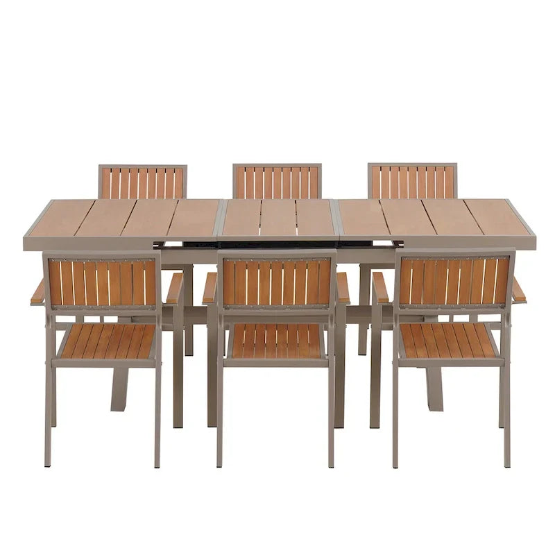 7-delige uitschuifbare eethoek voor buiten met uitschuifbare tafel en 6 stoelen met armleuningen
