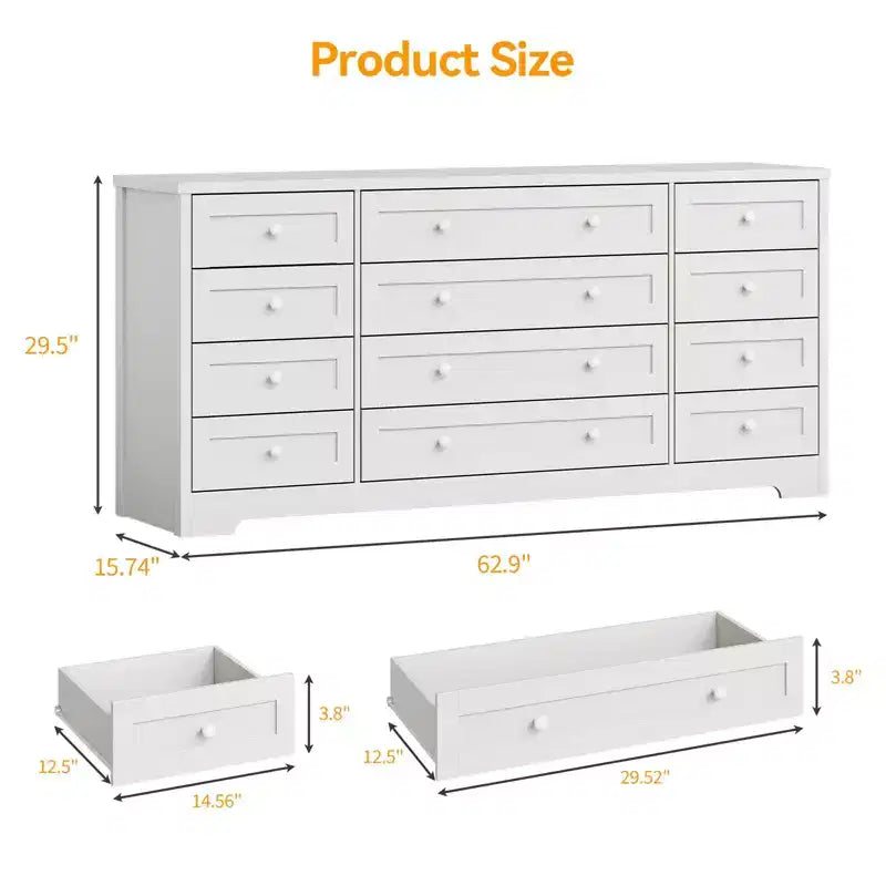 Commode en bois à 12 tiroirs pour chambre, meuble TV moderne et large pour téléviseur de 65 pouces, commode en bois, rangement champêtre pour vêtements dans le salon