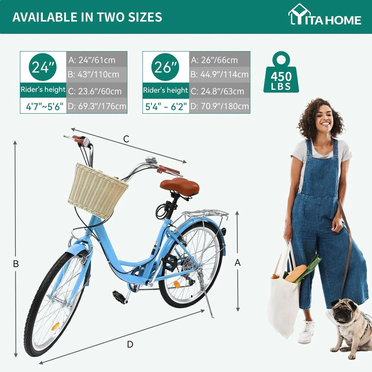 Vélo de ville Moasis24/ 26 à 7 vitesses, cadre ouvert réglable, vélo de déplacement