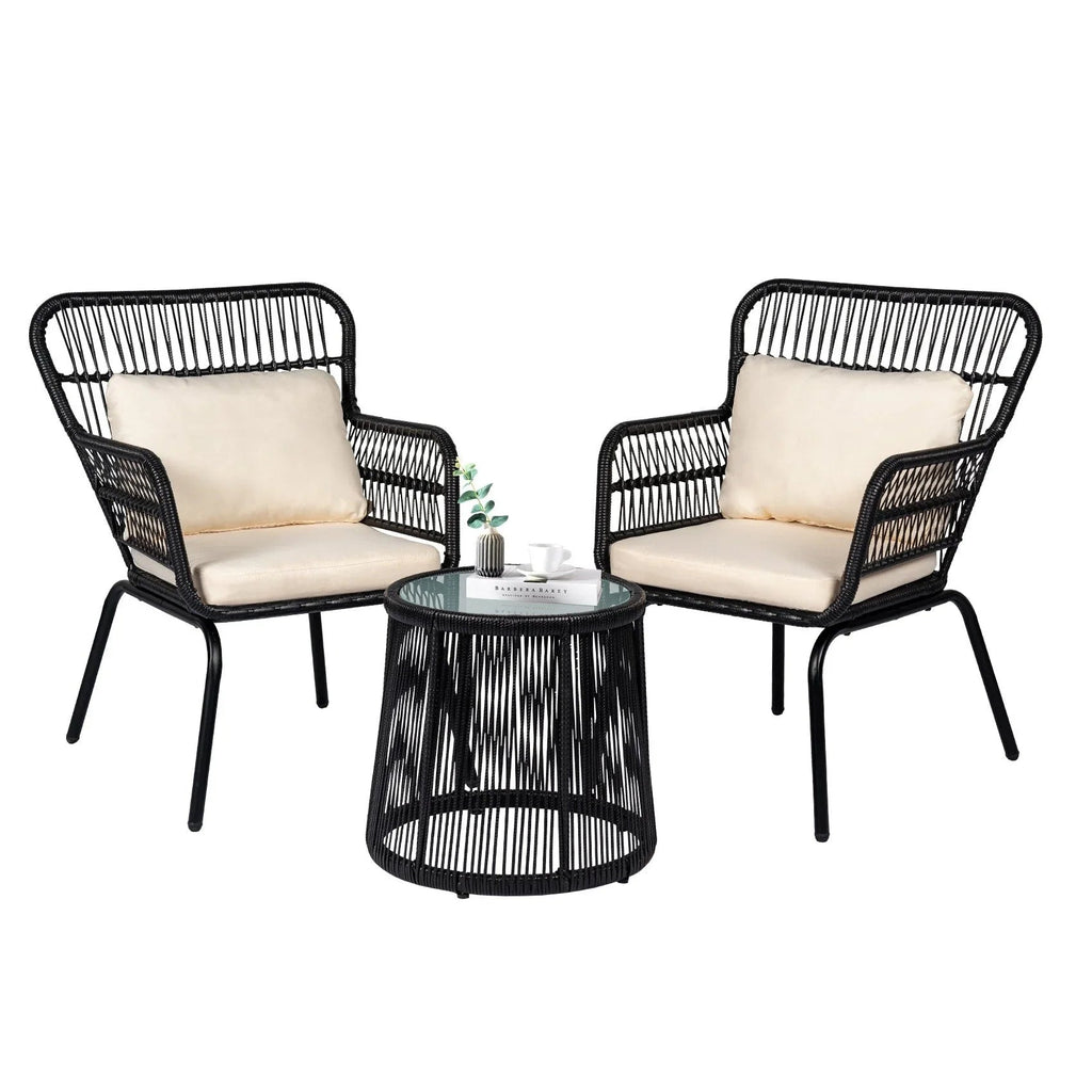 3-teiliges Outdoor-Bistroset aus Korbgeflecht, wetterfeste Rattan-Gartenmöbel mit Stühlen und Kissen