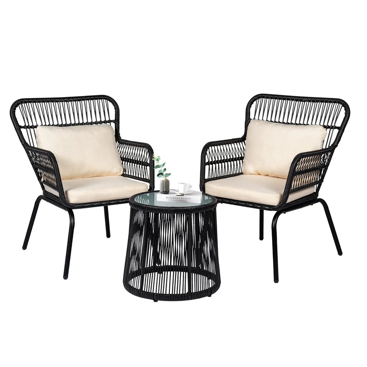 Ensemble bistro de jardin en osier de 3 pièces, ensemble de fauteuils de patio en rotin toutes saisons avec coussins