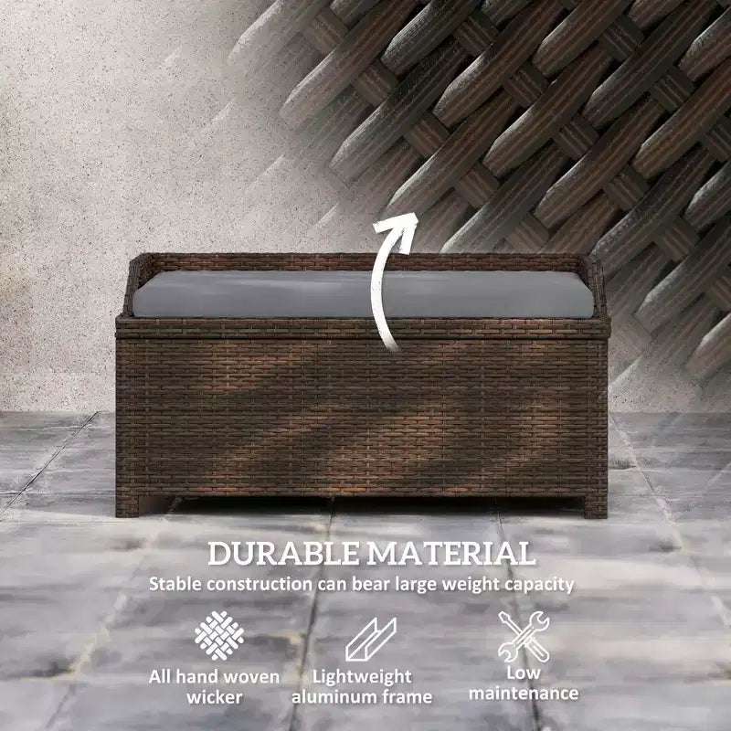 Banc de rangement extérieur en osier avec coussin