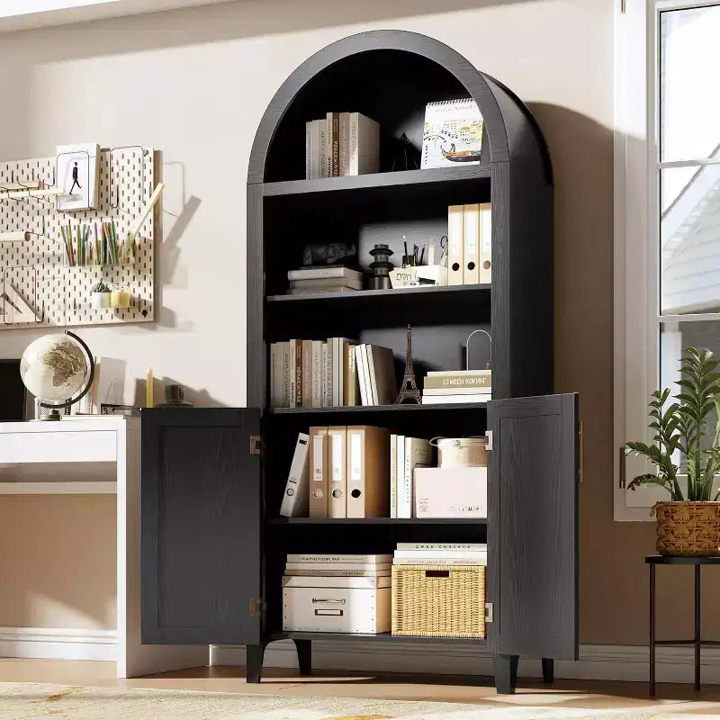 Acekool Vorratsschrank mit Rundbogen und Rattantüren, 5-stufiger Aufbewahrungsschrank im Landhausstil für Küche, Esszimmer und Wohnzimmer