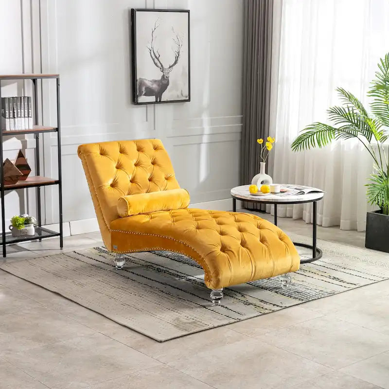 Gepolsterte Samt-Chaiselongue mit Knopfheftung, Liegefunktion, Kissen und Acrylfüßen