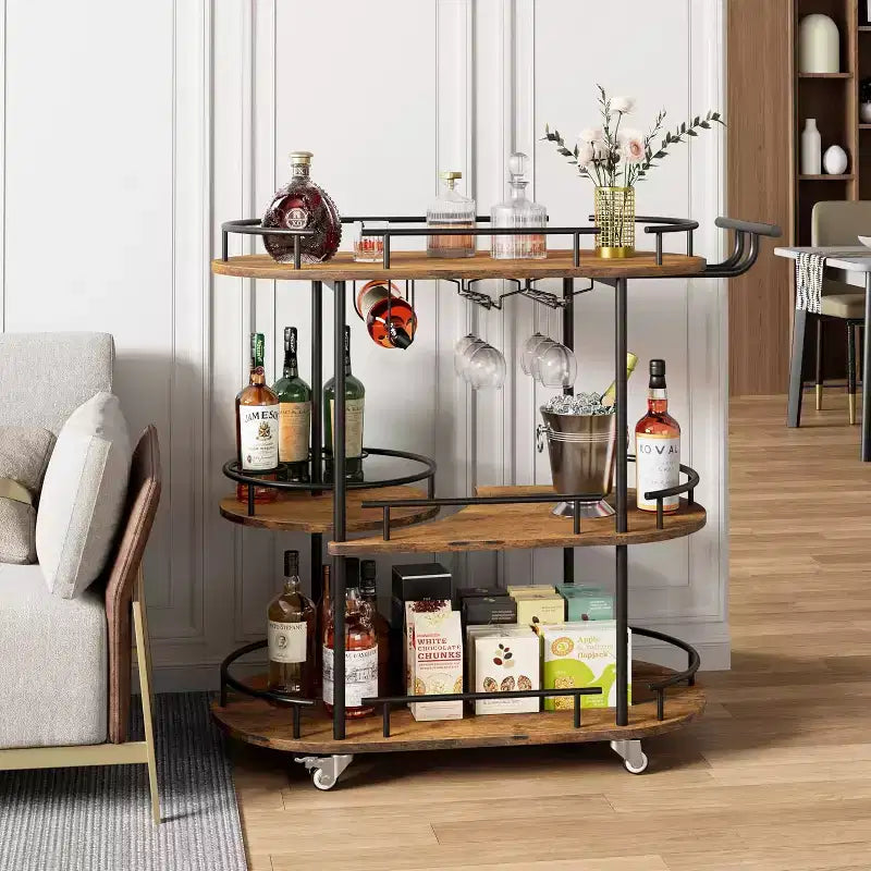 Desserte de bar avec étagères de rangement à 4 niveaux, chariot de bar mobile à roulettes avec porte-bouteilles et porte-verres pour la cuisine, la salle à manger et le salon