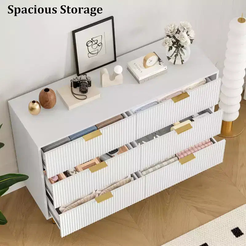 COZONY ladekast met 6 laden en geribbeld ontwerp, moderne houten opbergkast, brede ladekast voor slaapkamer, woonkamer en hal
