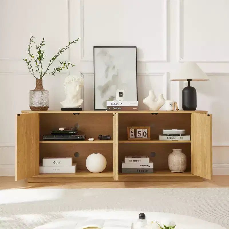 Buffet JVNOXK à grain de bois ondulé, rayures verticales, meuble TV, adapté à une chambre ou une entrée. Bois naturel, 64W  15D  24H
