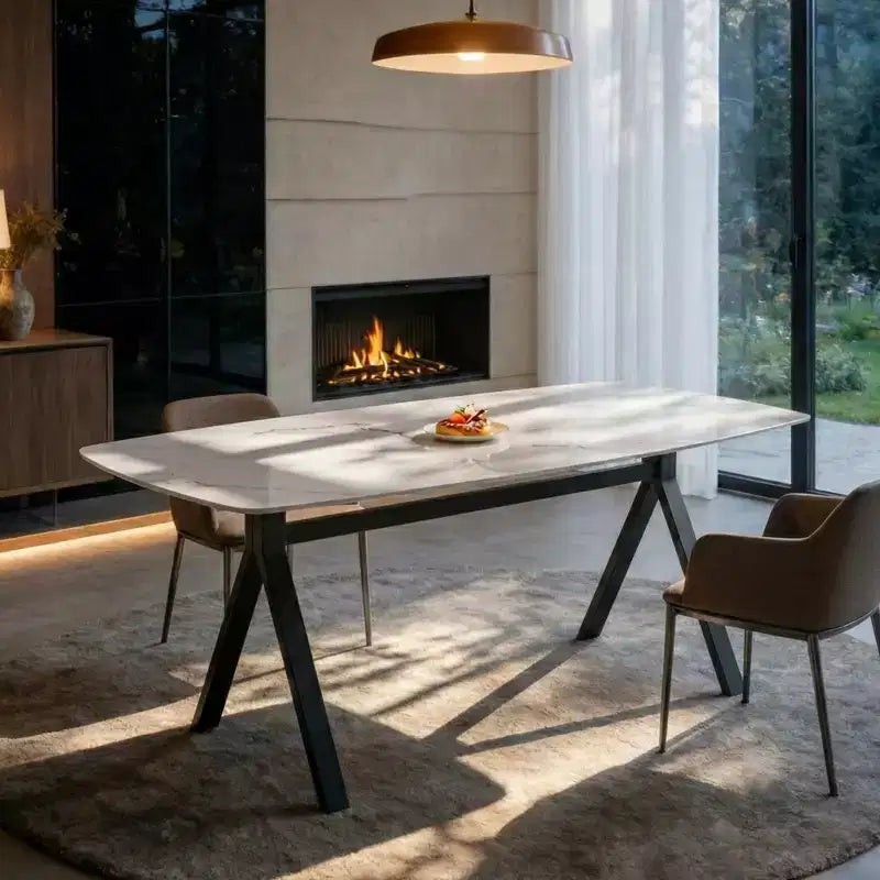 GDFStudio Daniela moderne rechthoekige eettafel van gehard glas met marmerdessin en metalen poten