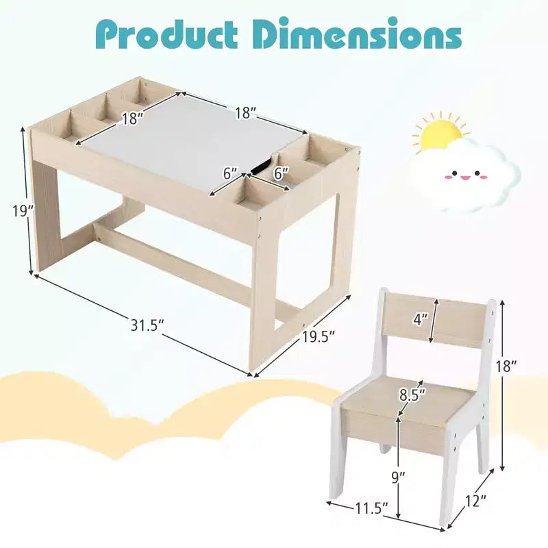 Costway multifunktionales Kindertisch- und 2-Stühle-Set mit abnehmbarer, doppelt großer Tischplatte, Grau + Weiß/Natur + Weiß