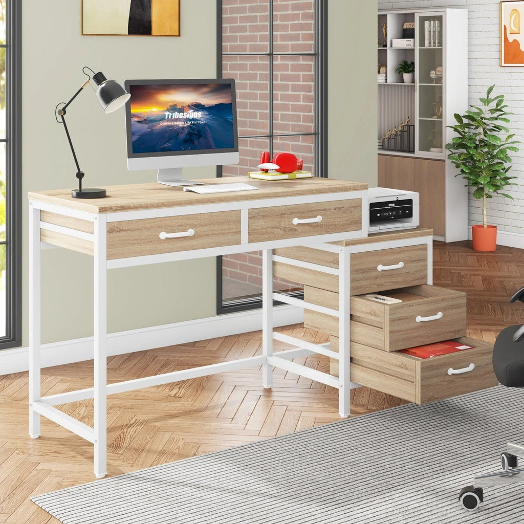 Wendbarer Computerschreibtisch mit 5 Schubladen, Schreibtisch fürs Homeoffice mit Aktenschublade und Druckerständer