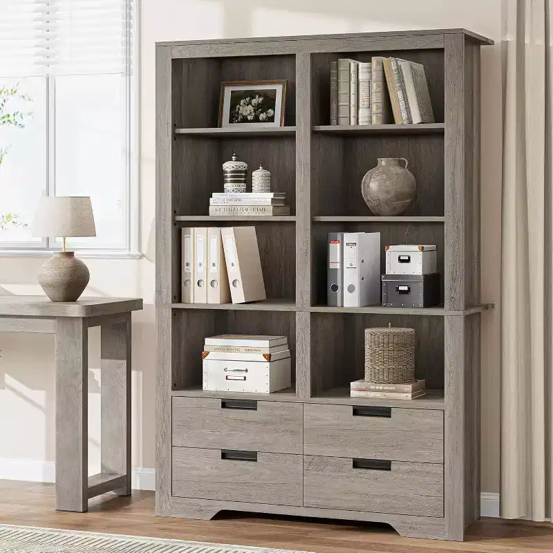 183 cm hohes Bücherregal mit 4 Schubladen, freistehendes Bücherregal im Landhausstil mit Stauraum für Schlafzimmer, Wohnzimmer und Homeoffice
