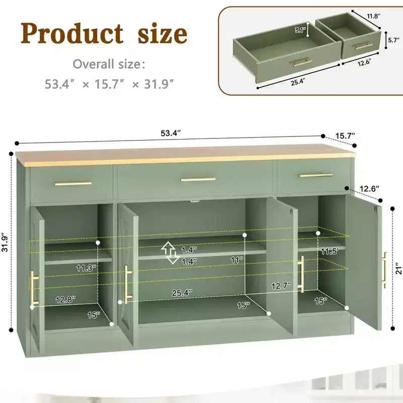 Credenza Celebalcony con contenitore, grande mobile da cucina da 53.4 con 3 cassetti e 4 ante, ripiano regolabile per cucina e soggiorno
