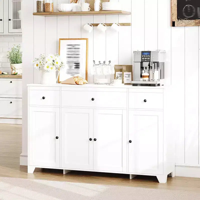 Buffet 55 avec 3 tiroirs et 4 portes, meuble de rangement de cuisine avec étagère réglable, pour la salle à manger ou le salon