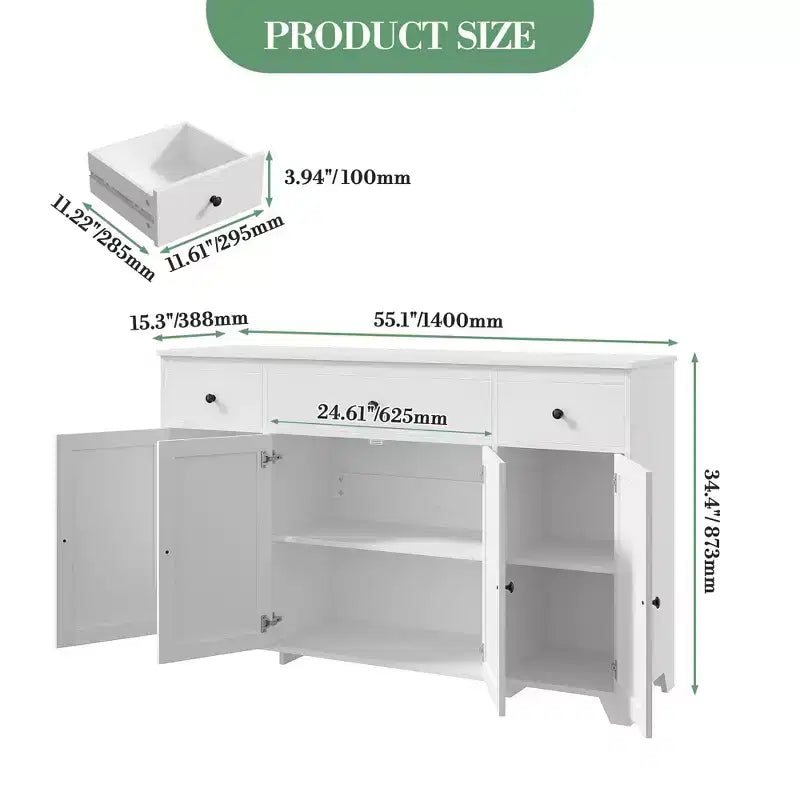 Buffet 55 avec 3 tiroirs et 4 portes, meuble de rangement de cuisine avec étagère réglable, pour la salle à manger ou le salon