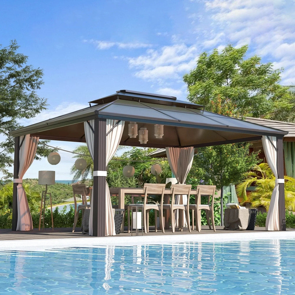 EROMMY hardtop-paviljoen, pergola voor buiten met dubbel dak, netten en gordijnen, extra stevig zonnescherm voor terras, achtertuin en zwembadfeest