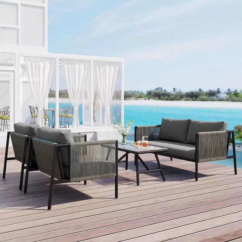 Ensemble de patio extérieur en corde, 4 pièces pour 4 personnes, avec coussins et table en verre