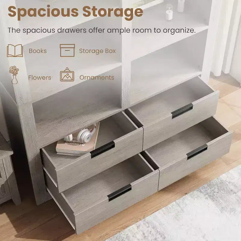 183 cm hohes Bücherregal mit 4 Schubladen, freistehendes Bücherregal im Landhausstil mit Stauraum für Schlafzimmer, Wohnzimmer und Homeoffice