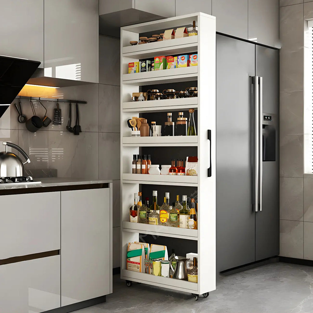 Moderner Buffet-Tisch aus Holz mit offenen Regalen und Rollen