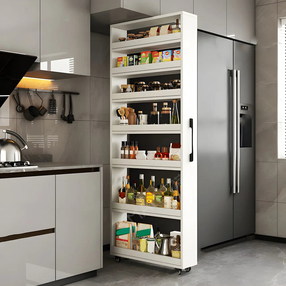 Moderner Buffet-Tisch aus Holz mit offenen Regalen und Rollen
