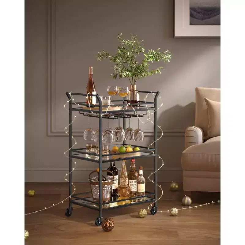Carrello bar, carrello di servizio per bar domestico, piccolo carrello bar con 3 ripiani, portabottiglie e portabicchieri, carrello bar, 15 x 23.6 x 36.2 pollici