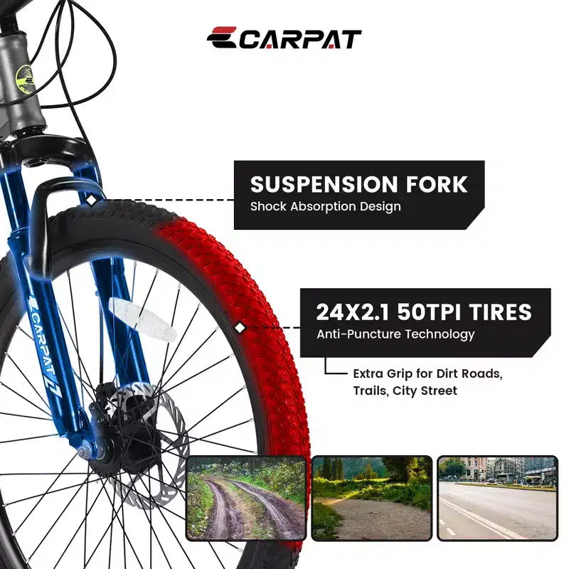 Okak mountainbike van 24 inch met stalen frame, kinderfiets met Shimano 21 versnellingen, dubbele schijfremmen en vering vooraan, fiets voor tieners
