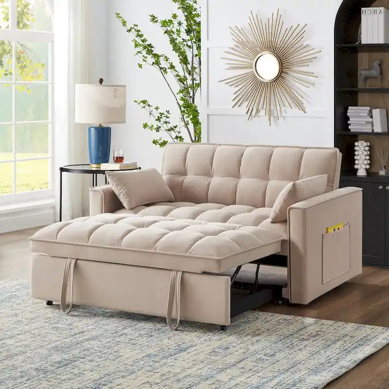 4-in-1-Auszieh-Schlafsofa - Loveseat aus Samt - Schlafcouch mit verstellbarer Rückenlehne und 2 Seitentaschen