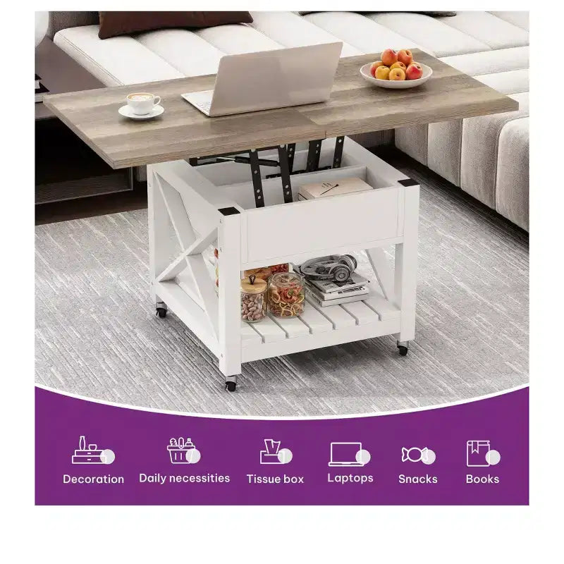 Table basse carrée 3-en-1 à plateau relevable, avec roulettes et tabourets, table à manger multifonction à 2 niveaux avec rangements cachés et ouverts, pour salon et salle à manger