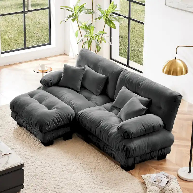 Ecksofa in L-Form, Chenille-Zweisitzer mit Lendenkissen