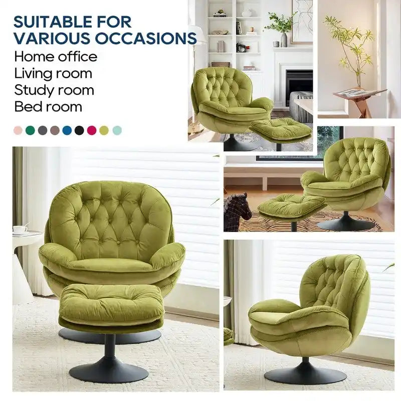 Fluwelen draaifauteuil met voetenbank, ronde leesfauteuil met voetenbankset, 360 draaibaar, metalen frame