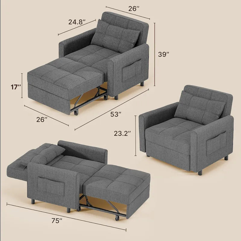 3-in-1-Ausziehbarer Schlafsessel mit Schlaffunktion, umwandelbares, verstellbares und faltbares Polstersofa