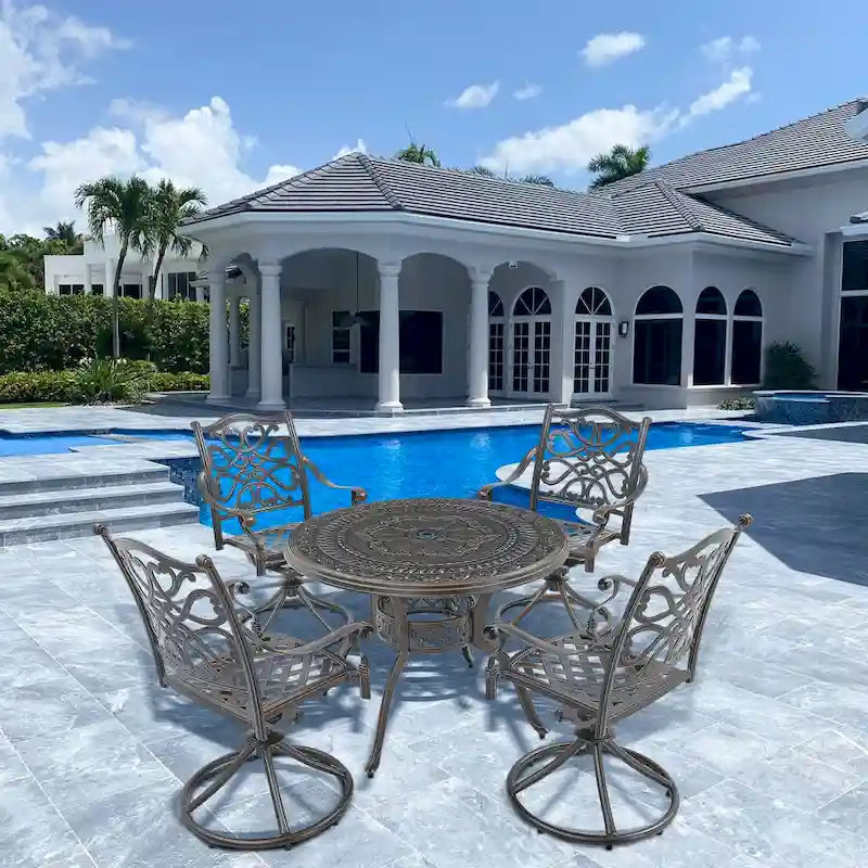 Ensemble de salle à manger de patio en aluminium moulé, 5 pièces, avec 4 chaises pivotantes