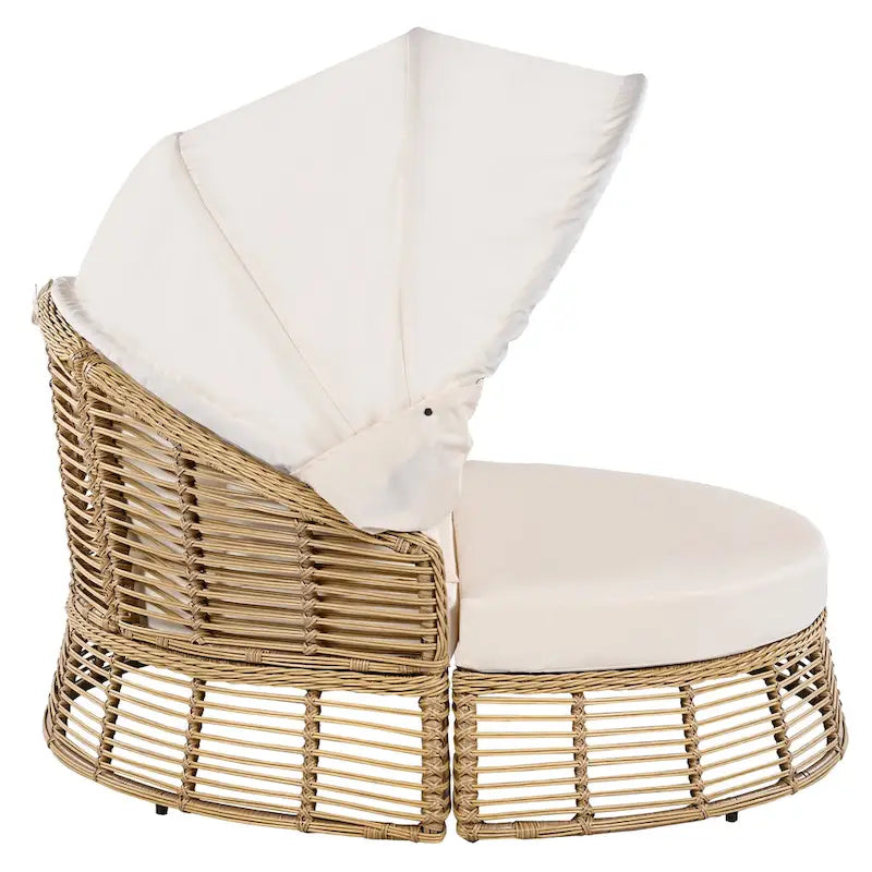 Daybed rotondo da esterno in rattan con tettoia e cuscini rimovibili