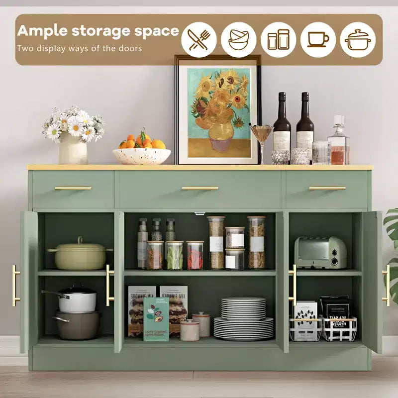 Credenza Celebalcony con contenitore, grande mobile da cucina da 53.4 con 3 cassetti e 4 ante, ripiano regolabile per cucina e soggiorno