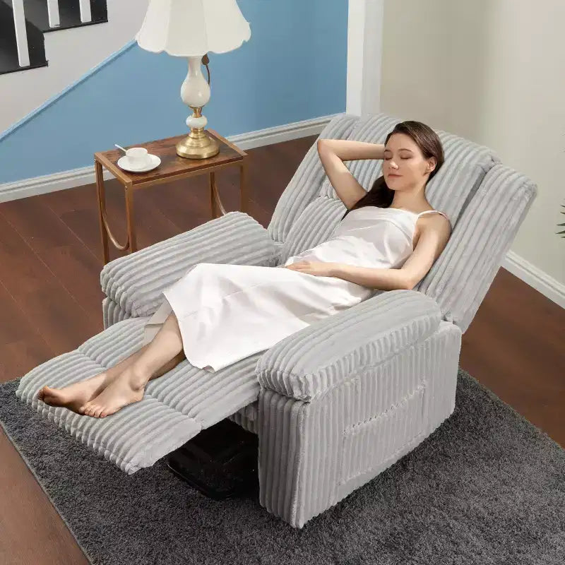 Fauteuil inclinable en velours côtelé, canapé inclinable manuel avec poignée, accoudoirs à plateau rembourré, rembourrage épais, poche latérale, salon, chambre, salle de cinéma maison, gris foncé
