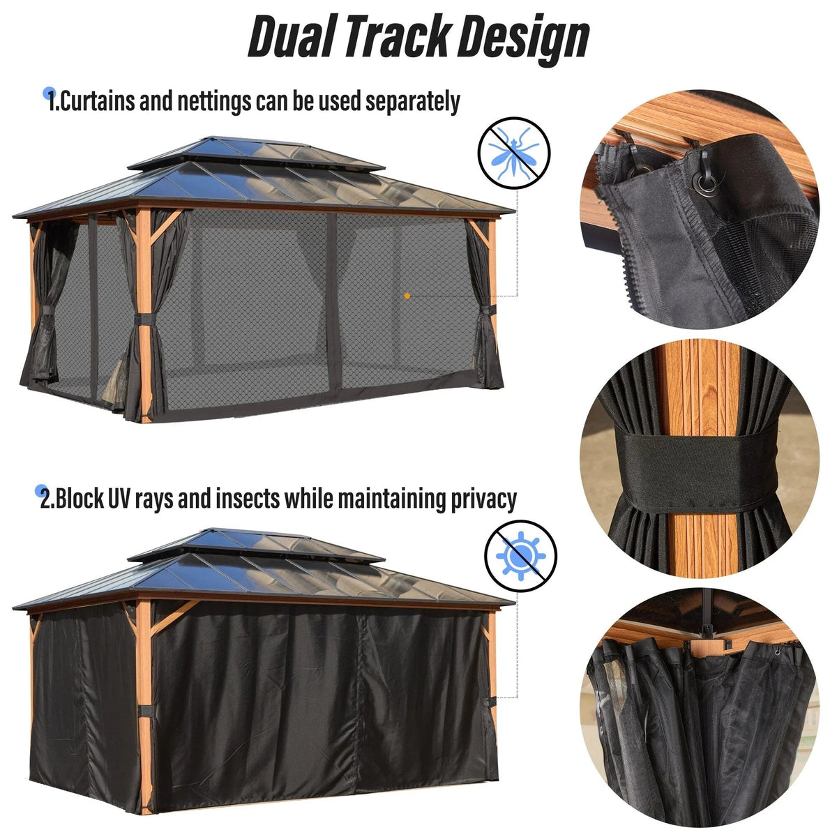 EROMMY hardtop-paviljoen, pergola voor buiten met dubbel dak, netten en gordijnen, extra stevig zonnescherm voor terras, achtertuin en zwembadfeest