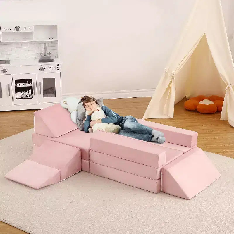Kletter-Sofa für drinnen, 12-teiliges modulares Spielsofa mit quadratischem Bällebad und Kletterrampe, Spielset mit Polstern