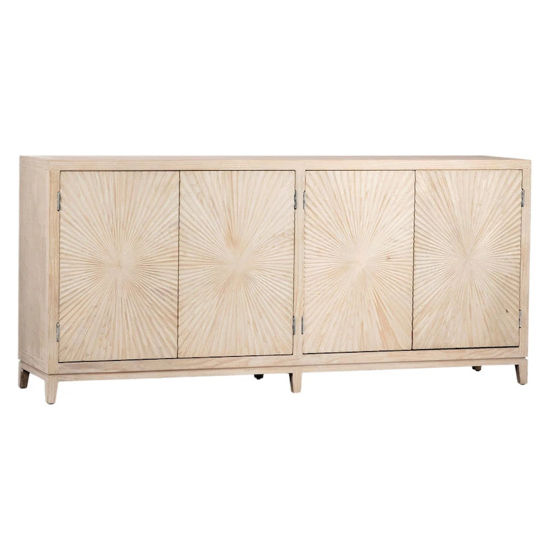 Isabelle Sideboard, 79 Zoll, Kiefer in heller Waschoptik, 4 Türen mit handgeschnitzten Sonnenstrahlmustern