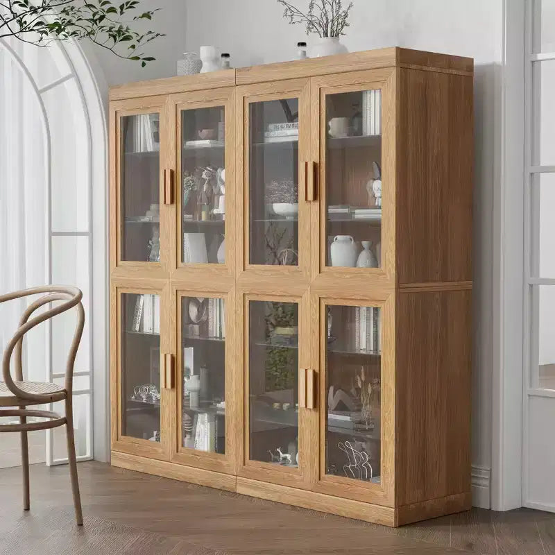 Vetrina decorativa alta 62 con ante in vetro nero e venature effetto legno, con spazio sufficiente per 12 ripiani