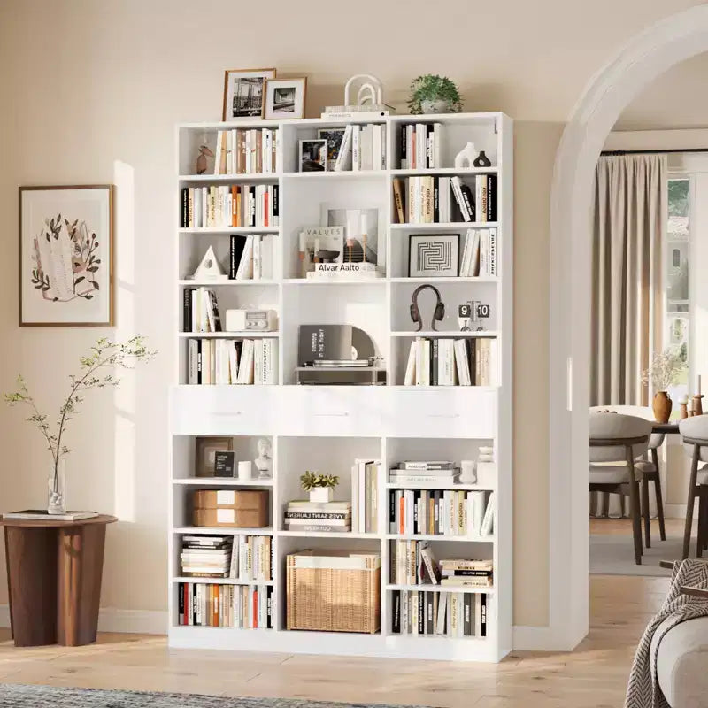 Schwarz-weißes Bücherregal mit 9 Ebenen, 3 Schubladen und verstellbaren Einlegeböden