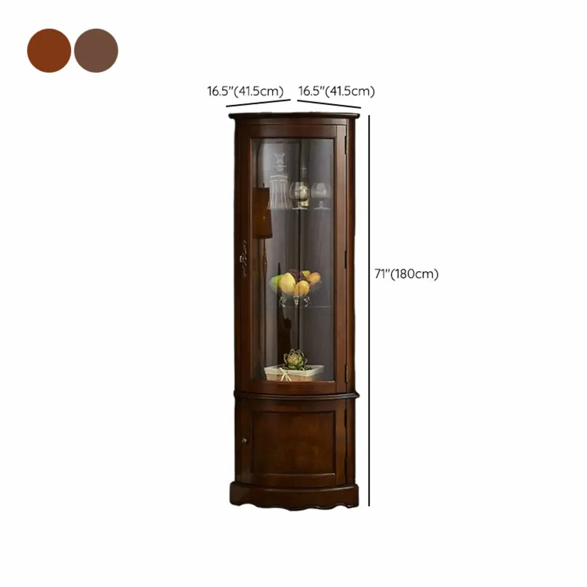 Klassischer brauner Eckschrank aus Gummibaumholz mit Glastür