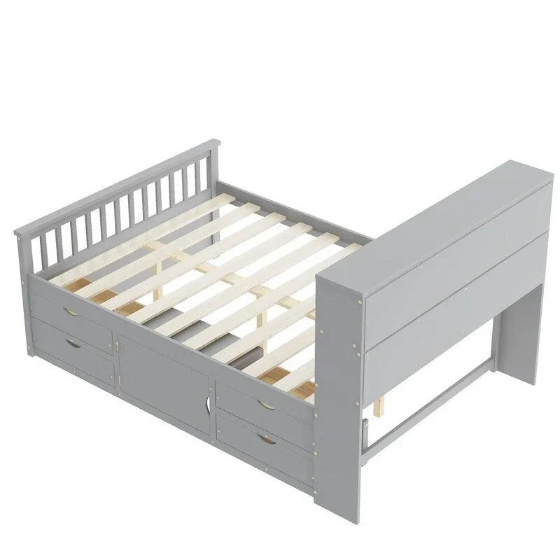 Letto a piattaforma Captain singolo/matrimoniale con 4 cassetti e ripiani contenitori, struttura in legno massello con testiera libreria contenitore